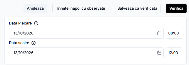 Ecranul de verificare al administratorului cu butoanele Trimite înapoi cu observații, Salvează ca verificată și Verifică